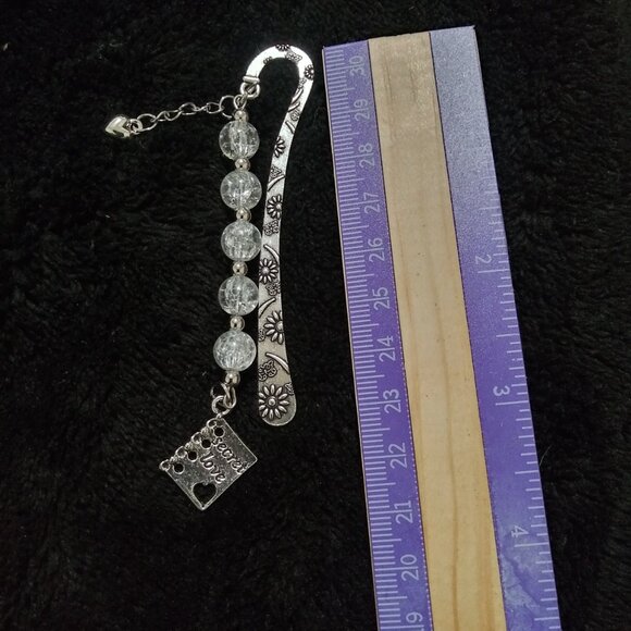 Secret Love Crystal Bead Metal Bookmark Silver Floral Engraved Hook - Picture 6 of 7